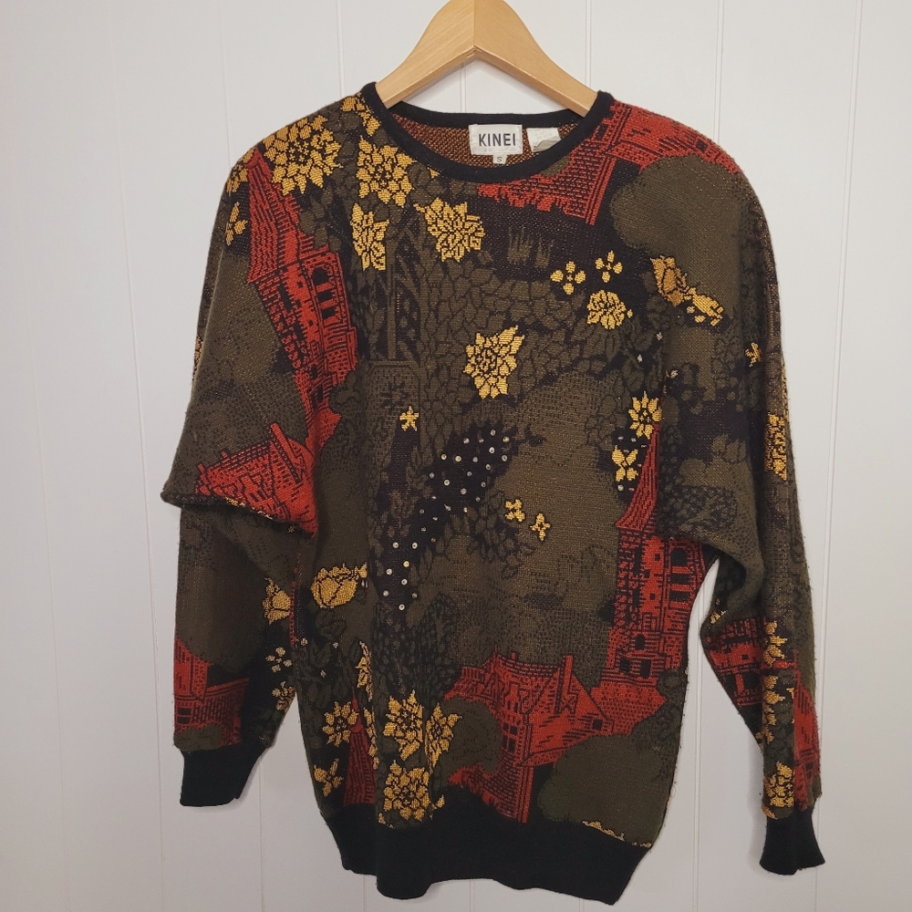 Vintage Kinei Sweater Womens Small Knit Green Gold Embellished Beaded Fall